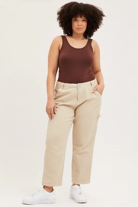 Soft Feel Beige High Rise Carpenter Denim Jean
