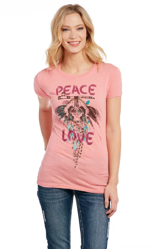 Cozy Knits Cowgirl Up Womens Peace and Love Pink 100% Cotton S/S T-Shirt