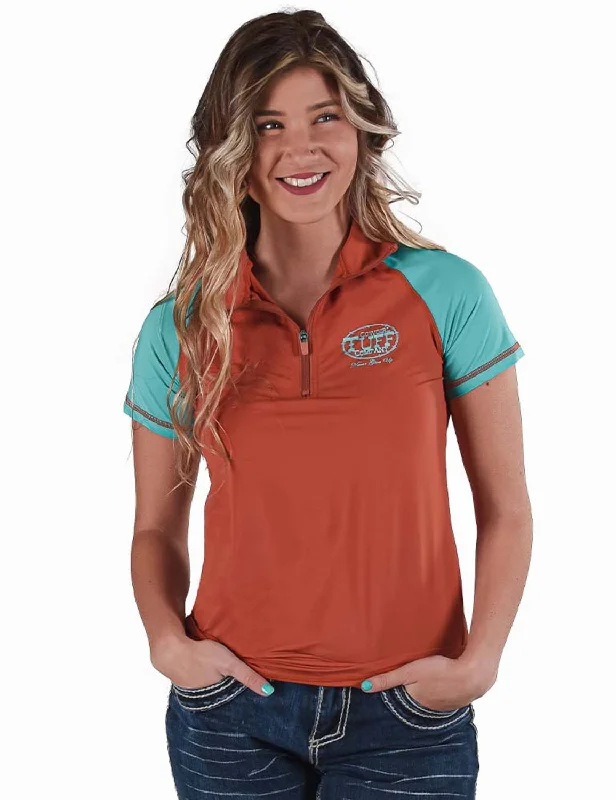 Simple Comfort Cowgirl Tuff Womens Quarter Zip Cooling UPF Rust/Turquoise Nylon S/S T-Shirt Simple Comfort Cowgirl Tuff Womens Quarter Zip Cooling UPF Rust/Turquoise Nylon S/S T-Shirt