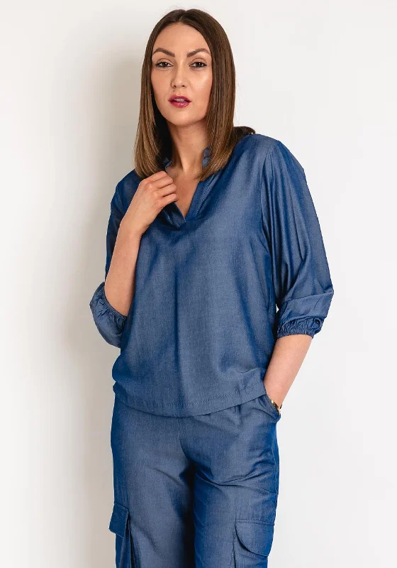 Comfy Pants Kaffe Leonara V- Neck Blouse, Chambray Blue