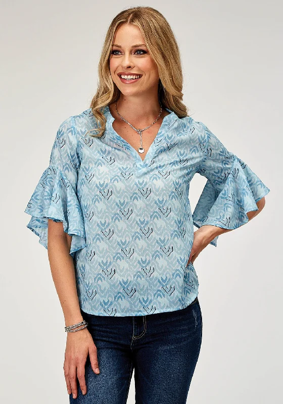Elegant Fit Roper Womens 1978 Ikat Chevron Blue 100% Polyester S/S Blouse