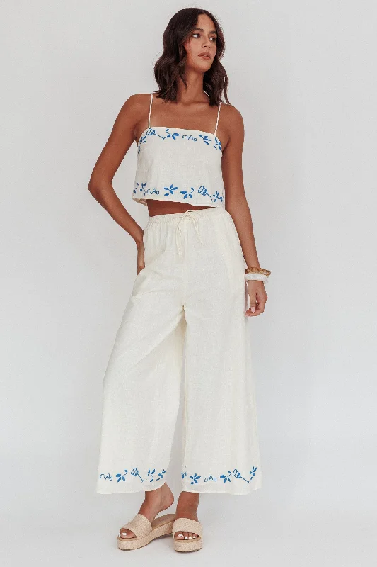 Relaxed Clothing Sorrento Summer Embroidered Wide-Leg Pants Beige