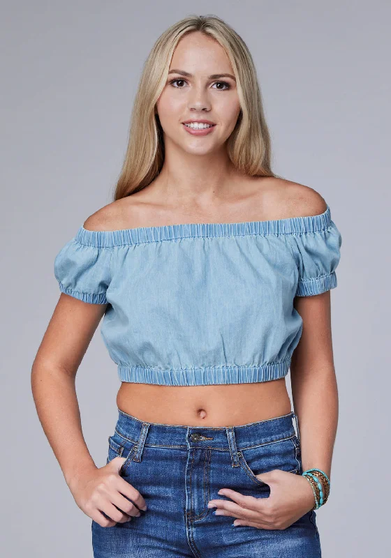Relaxed Fashion Roper Womens Off Shoulder Crop Top Light Blue 100% Cotton S/S Tunic
