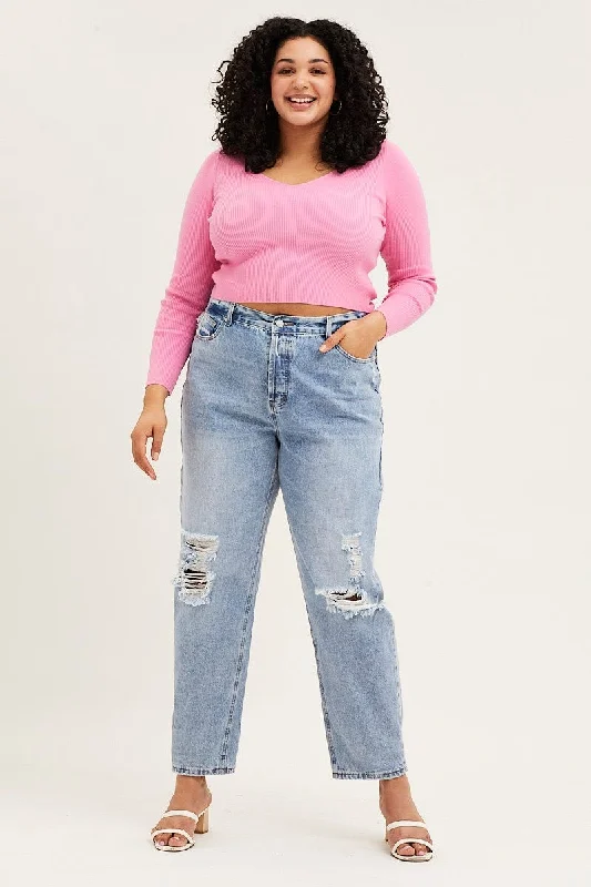 Trendy Comfort Wear Blue Denim Jean High Rise Slash Knee Boyfriend