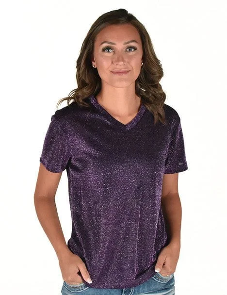 Sporty Wear Cowgirl Tuff Womens Shimmer Breathe V Purple Nylon S/S T-Shirt