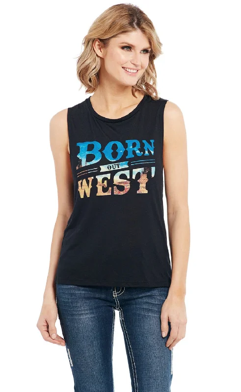 Cozy Footwear Cowgirl Up Womens Born Out West Muscle Black Polyester S/L T-Shirt