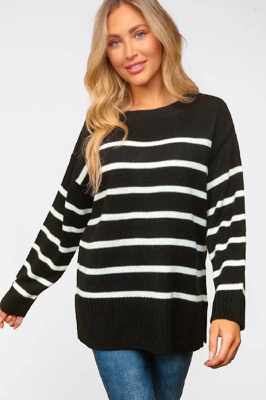 Light Dressing Haptics Full Size Striped Contrast Side Slit Sweater