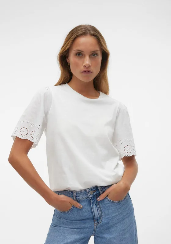 Casual Fit Vero Moda Emily Broderie Sleeve Top, Snow White