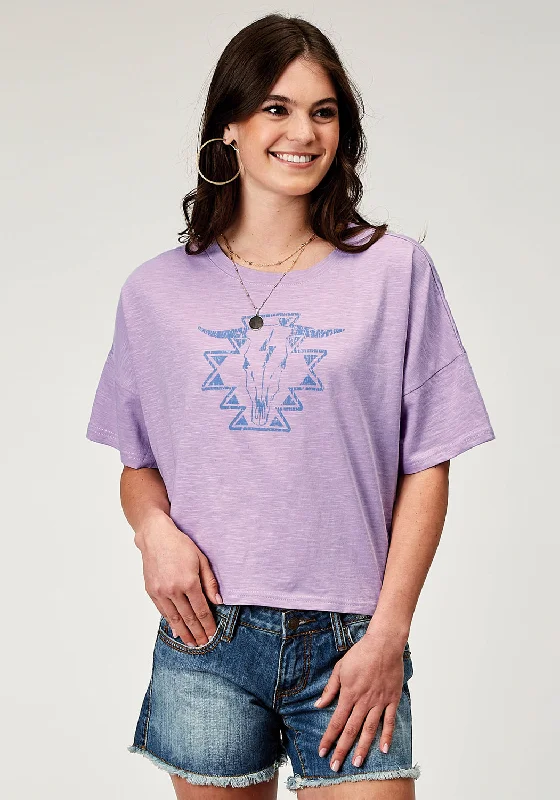 Easy-to-Wear Roper Womens Southwest Longhorn Lilac 100% Cotton S/S T-Shirt