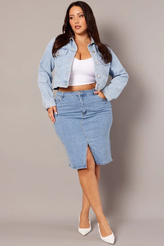 Easy Comfort Style Denim Knee Length Stretch Denim Skirt