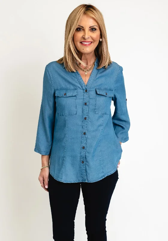 Effortless Outfits FREEQUENT Three Quarter Sleeve Denim Shirt, Mid Blue