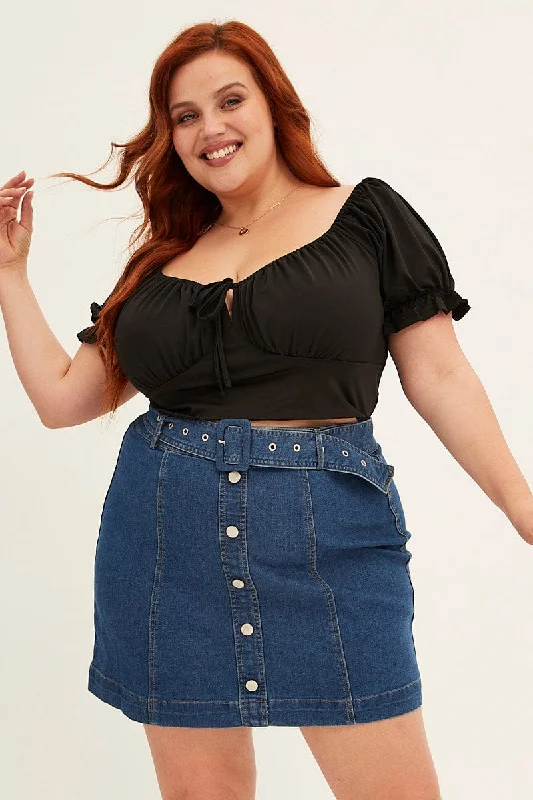 Trendy Layers Denim Blue Mid Wash Denim Belted Button Front Mini Skirt