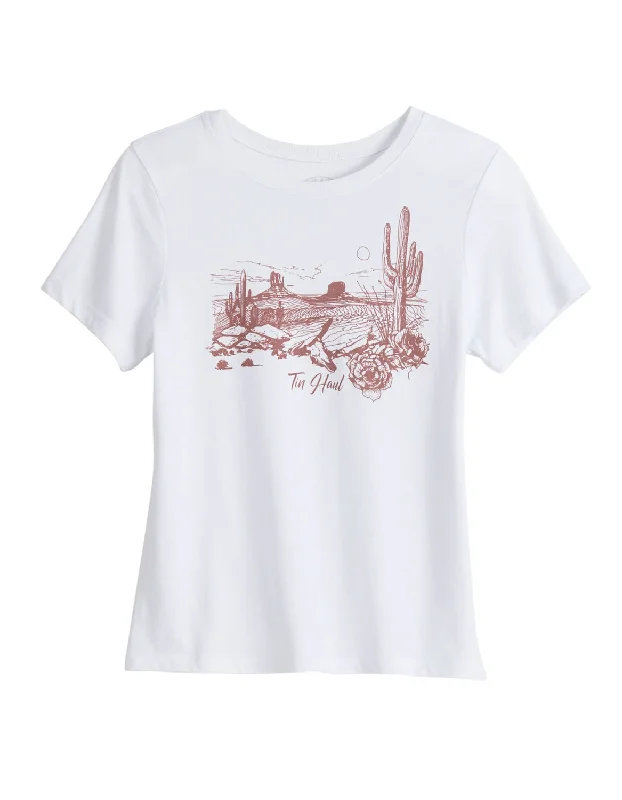 Comfortable Lounge Wear Tin Haul Womens Red Desert Scene White Cotton Blend S/S T-Shirt Comfortable Lounge Wear Tin Haul Womens Red Desert Scene White Cotton Blend S/S T-Shirt