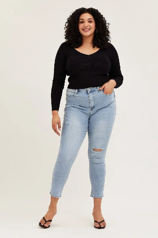 Cozy Footwear Blue Denim Jean High Rise One Slash Knee Skinny