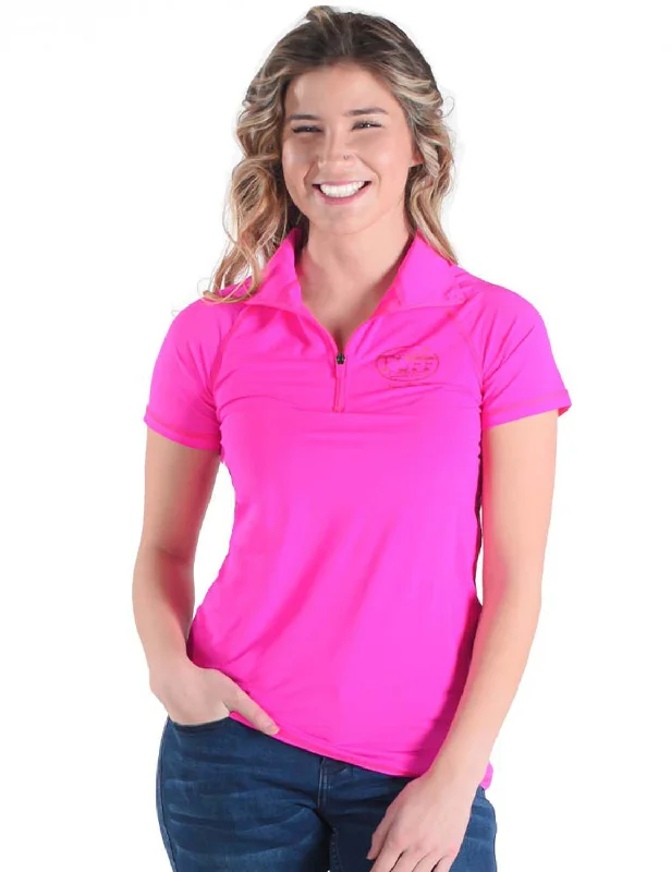 Layered Style Cowgirl Tuff Womens Cooling UPF 1/4 Zip Hot Pink Nylon S/S T-Shirt