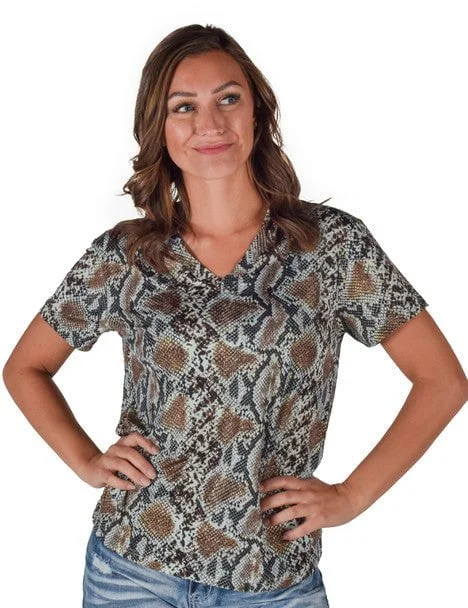 Classic Comfort Cowgirl Tuff Womens Flowy V-Neck Snake Dusty Blue Poly/Spandex S/S T-Shirt