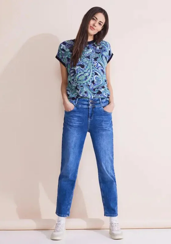 Elegant Dressing Street One Material Mix Print Top, Intense Aqua
