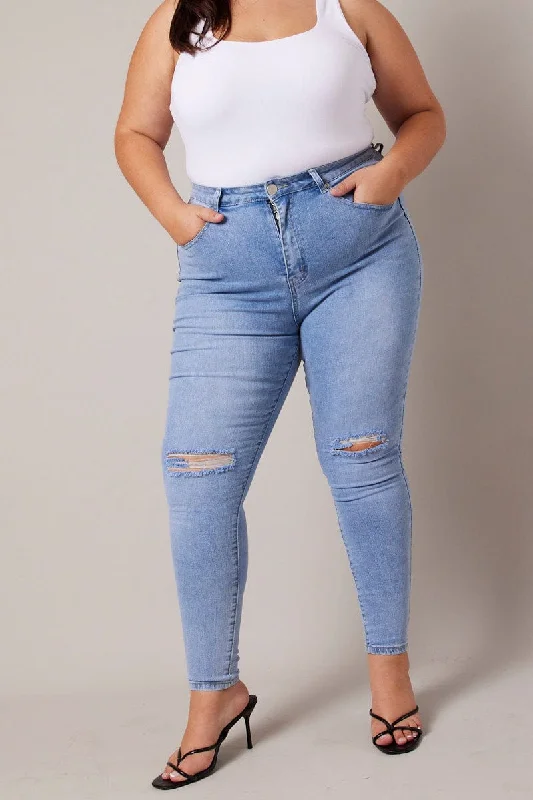 Versatile Style Denim Skinny Jeans High Rise Knee Slit