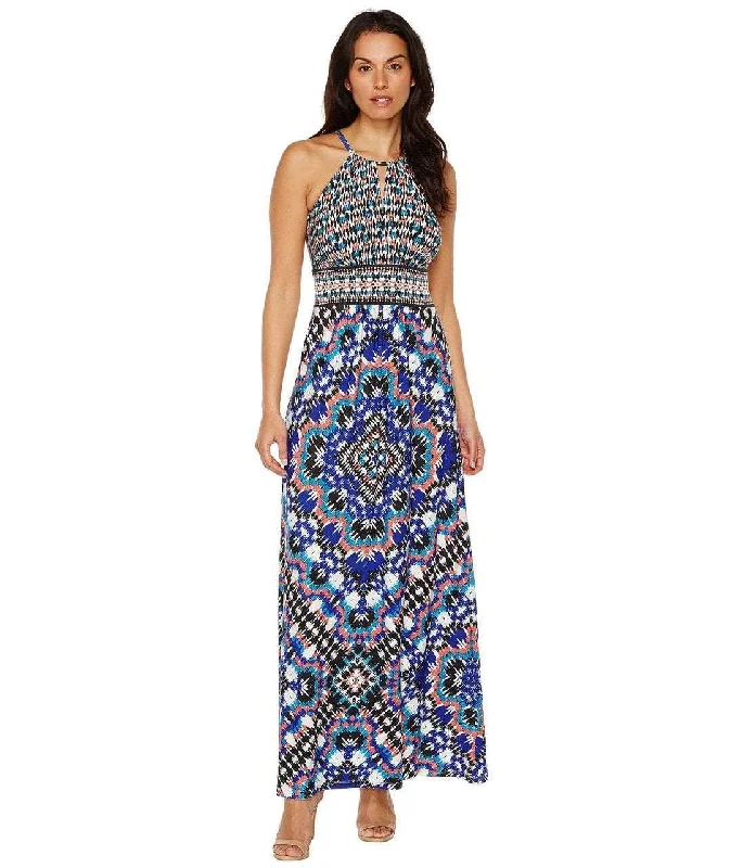 Warm Layers Maggy London T2658MNR Mixed Ikat Keyhole Cutout Halter Maxi Dress