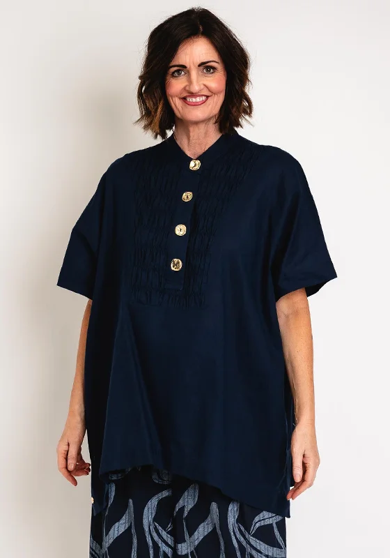 Cozy Essentials Malissa J One Size Ruched Linen Shirt, Navy