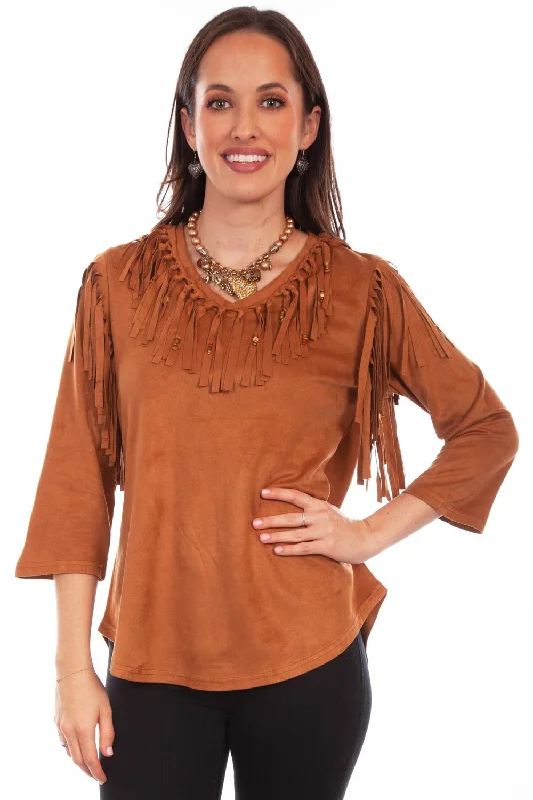 Soft Textures Scully Womens Pullover Fringe Brown Poly/Spandex S/S Tunic