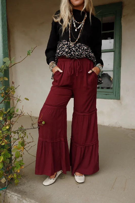 Comfortable Fitwear Rebel Heart Tiered Pants - Burgundy