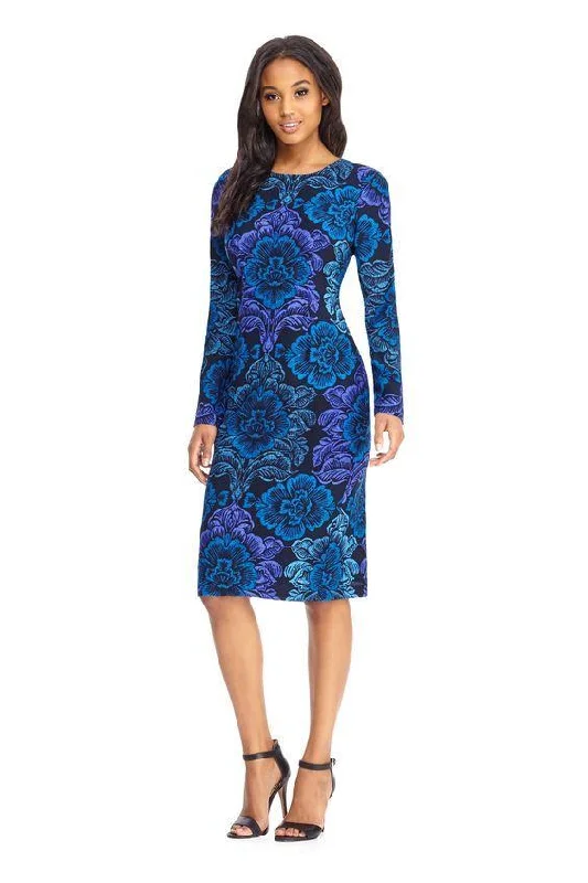 Comfortable Chic Maggy London - GSF03M Long Sleeve Floral Print Midi Dress - 1 Pc Navy Blue in Size 4 Available