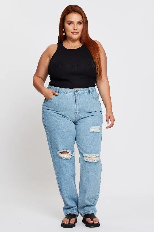 Relaxed Fashion Blue Denim Jean High Rise Distressed Straight Leg
