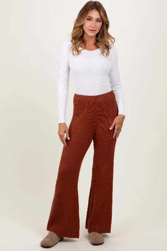 Cozy Fashions Rust Ribbed Knit Flare Pants