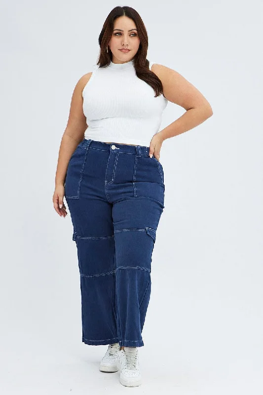 Stylish Fit Blue Cargo Denim Jeans High Rise