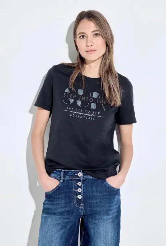 Comfortable Chic Cecil Wording Print T-Shirt, Universal Blue