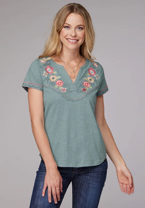 Weekend Comfort Roper Womens Floral Split V Blue 100% Cotton S/S T-Shirt
