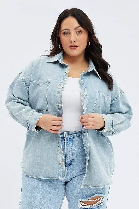Elegant Wear Denim Shirt Long Sleeve Relaxed Fit