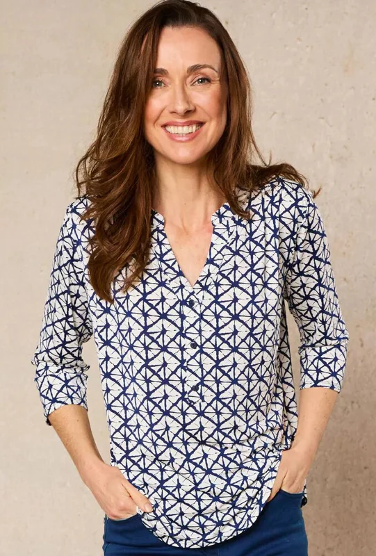 Simple Comfort Natalia Collection Diamond Print Three Quarter Sleeve Blouse, Navy & White