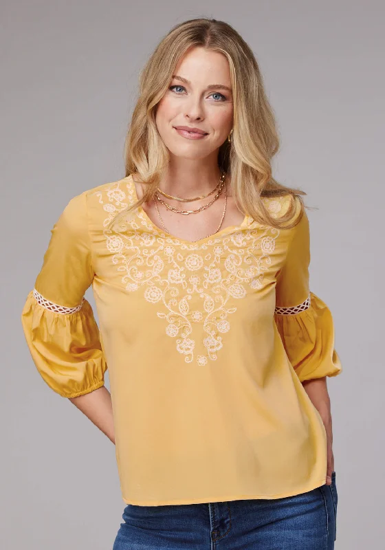 Comfortable Sweaters Roper Womens Bishop Sleeve Crepe Yellow 100% Polyester S/S Blouse
