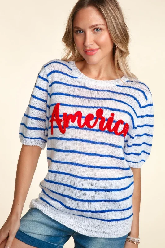 Cozy Chic Trends Haptics Letter Embroidery Striped Knit Top