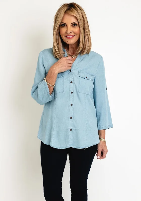 Cozy Fashion FREEQUENT Three Quarter Sleeve Denim Shirt, Light Blue