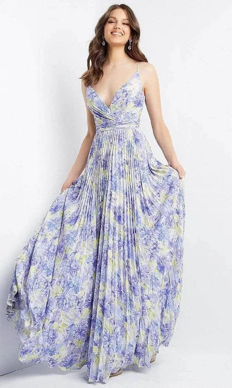 Cozy Fitting JVN by Jovani JVN08491SC - Floral Deep V-Neck Prom Gown