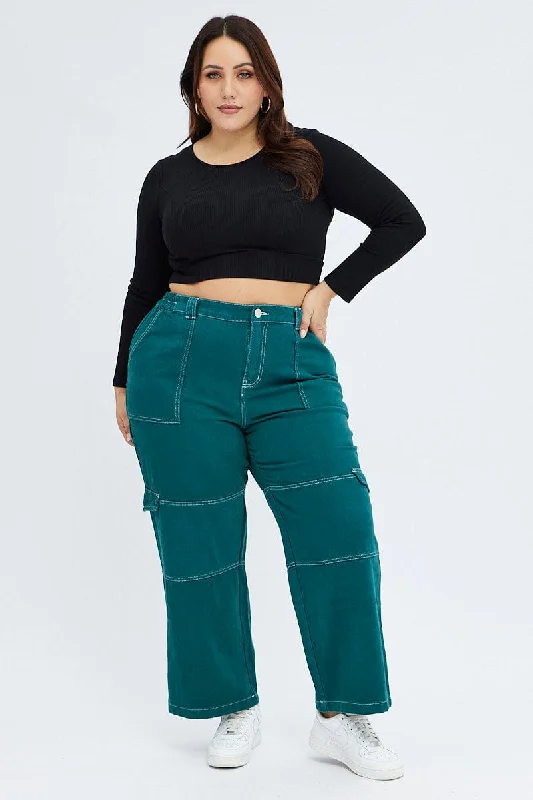 Trendy Dresses Green Cargo Denim Jeans High Rise