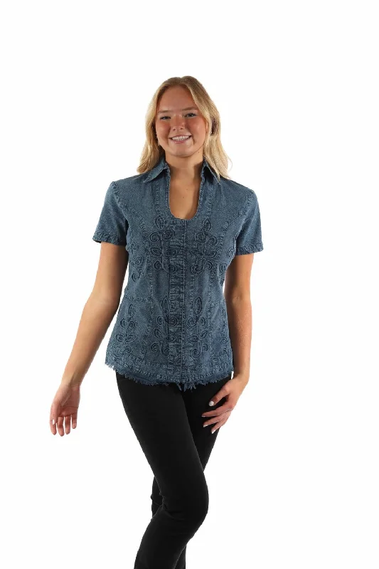 Comfortable Chic Scully Womens Cantina Soutach Dark Blue 100% Cotton S/S Blouse