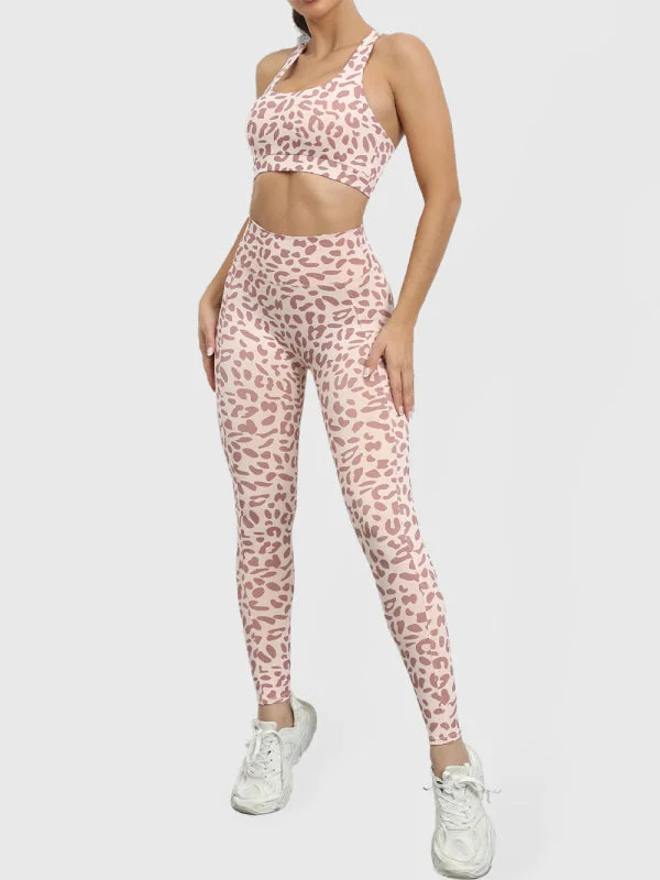 Relaxed Fit Wear Women's Leopard Print Balance Compression Racerback Crop Top And High-waist Pants