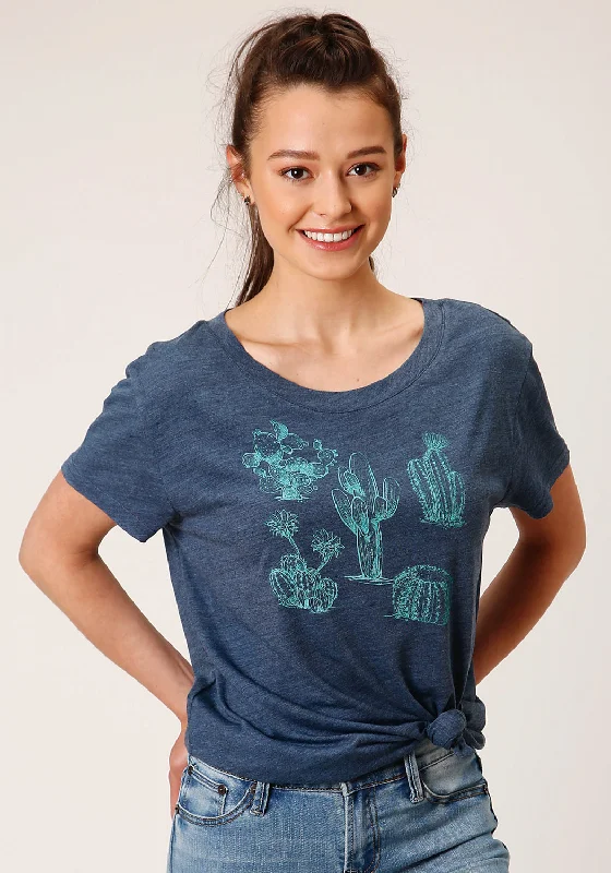Relaxed Weekend Wear Roper Womens Cactus Crew Navy Poly/Rayon S/S T-Shirt