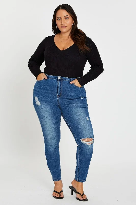 Layered Style Blue Jean Mid Rise Slash Knee Skinny