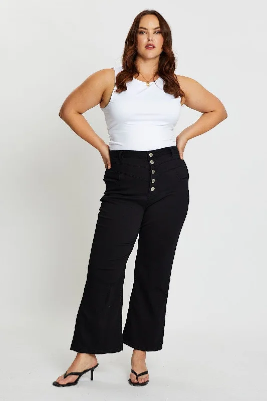Stylish Jackets Black High Rise 4 Buttons Wide Leg Denim Jeans