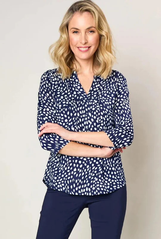 Trendy Looks Natalia Collection Spot Print Three Quarter Sleeve Blouse, Navy & White