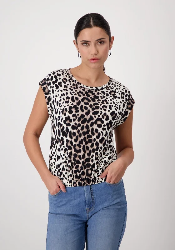 Cozy Outerwear Monari Leopard Print Elastic Trim Top, Brown