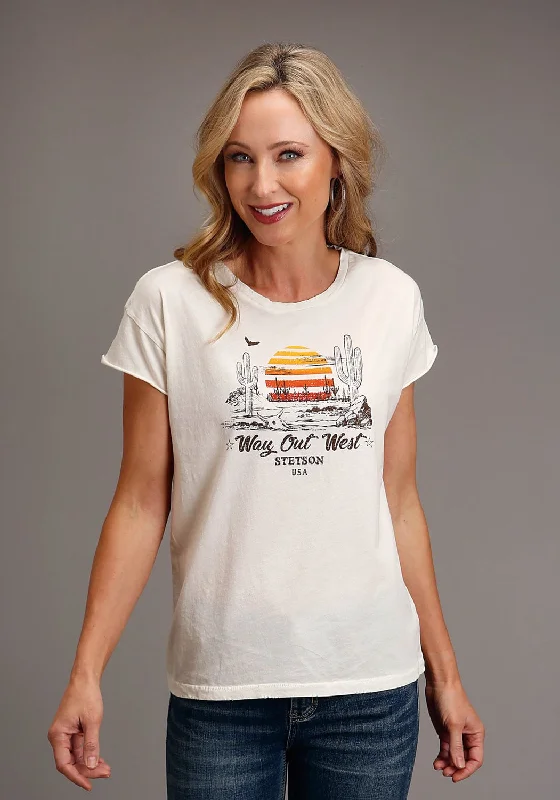 Classic Comfort Stetson Womens Vtg White 100% Cotton Way Out West S/S Cactus T-Shirt