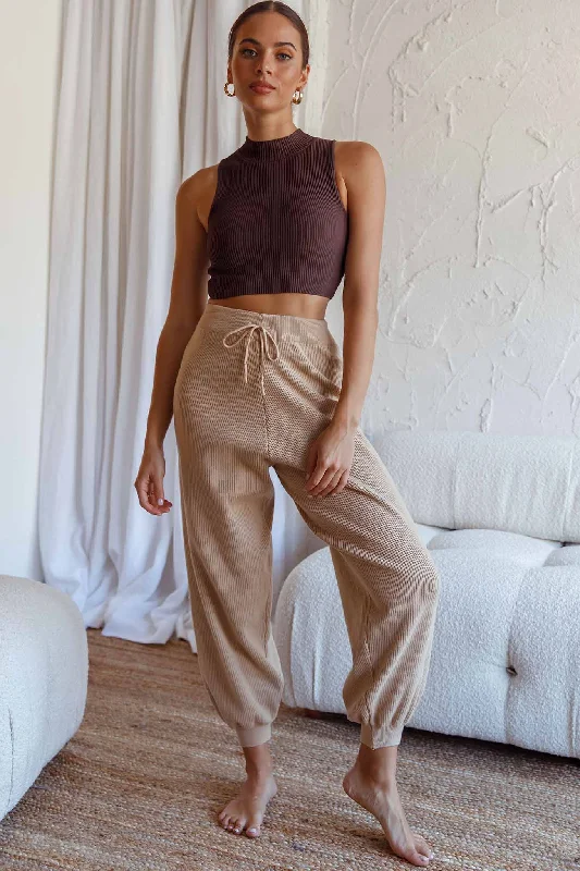 Cozy Fashion Trends New Soul Drawstring Ribbed Knit Jogger Pants Camel