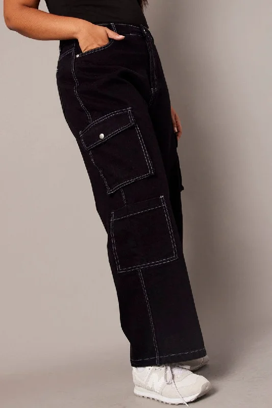 Elegant Dressing Black Cargo Jeans Mid Rise