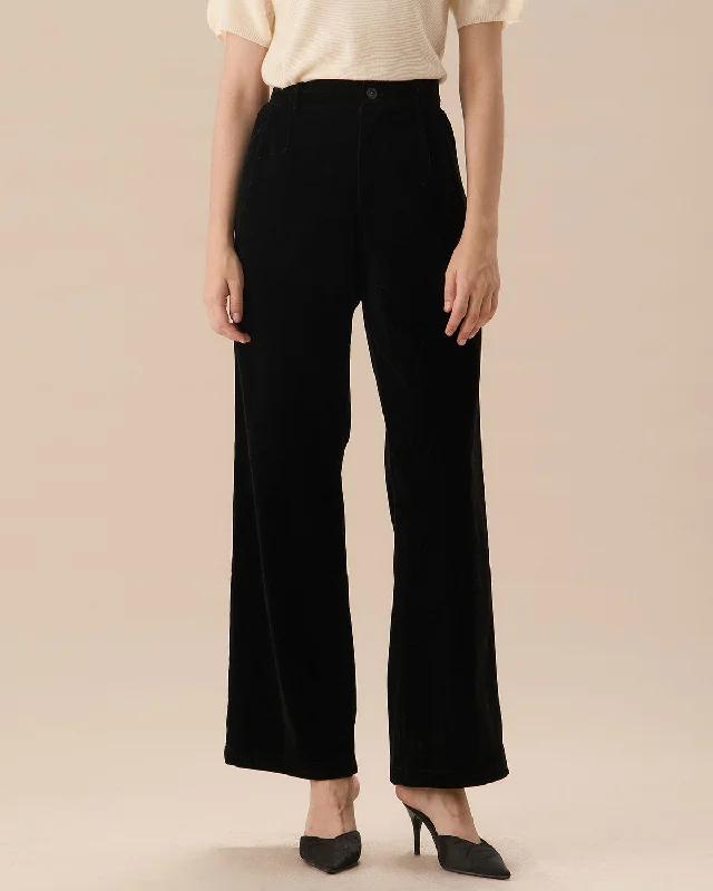 Cozy Street Style Black High Waisted Pleated Wide Leg Pants